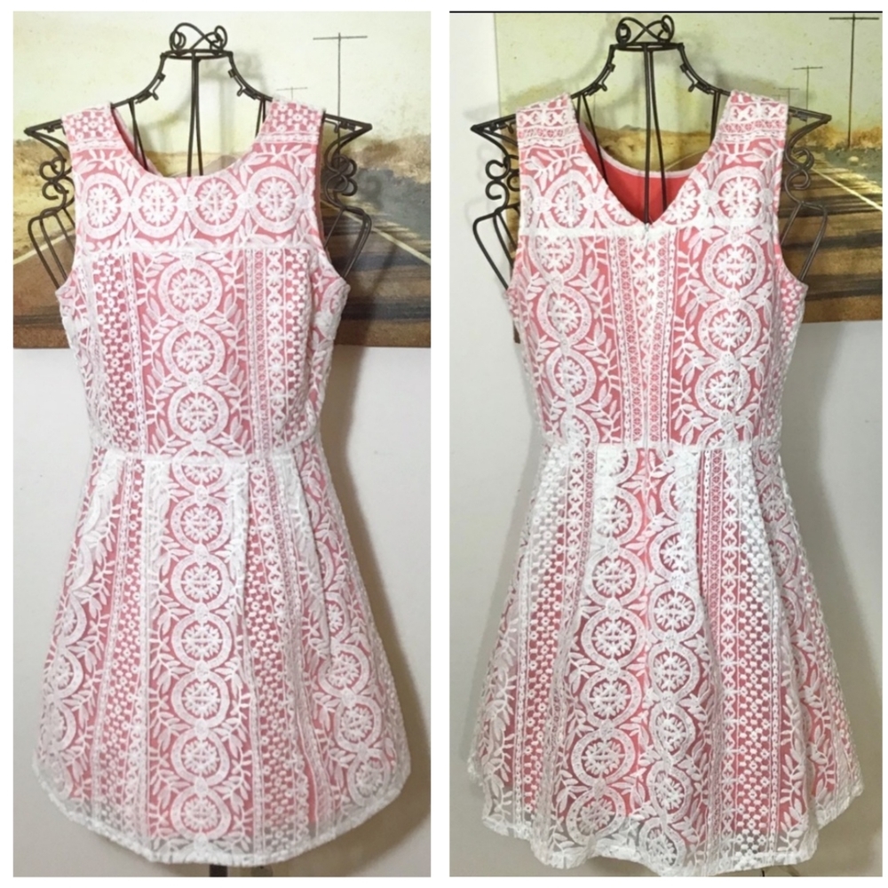 Coral w White Lace Overlay Dress S